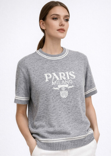 Μπλούζα Πλεκτό Logo Κοντομάνικη Γκρι-cuca.gr